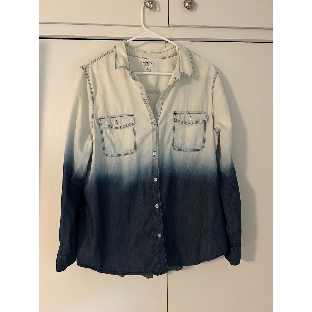 Old Navy Womens XL Blue White Ombre Dip Dye Chambray Button Down Shirt Cotton